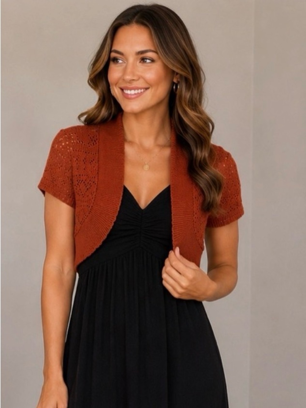 Rust Orange Crochet Knit Bolero Shrug Sweater Size S/M